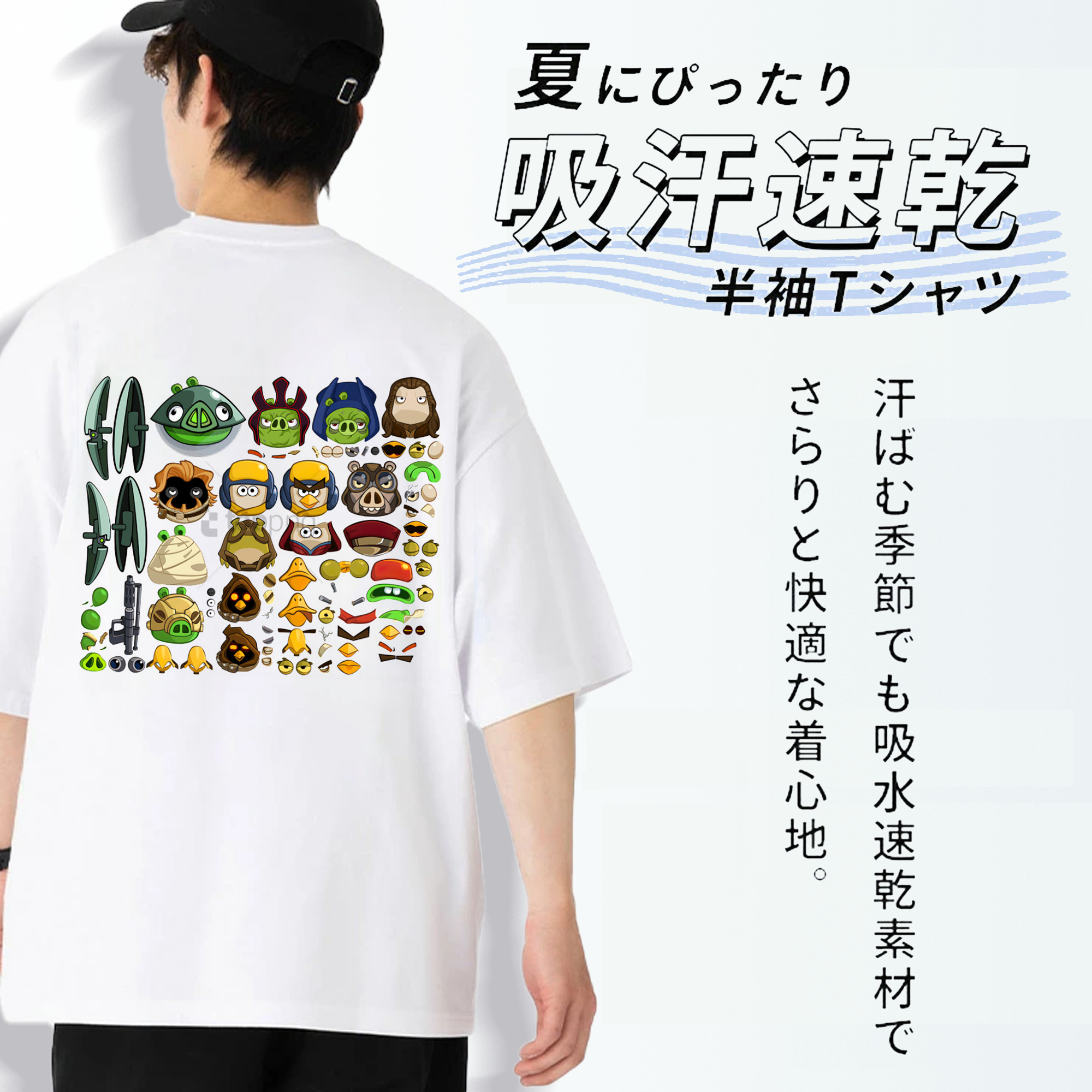 Angry Birds アングリーバード 綿100％ メンズ半袖Tシャツ（バックプリント） 通気性