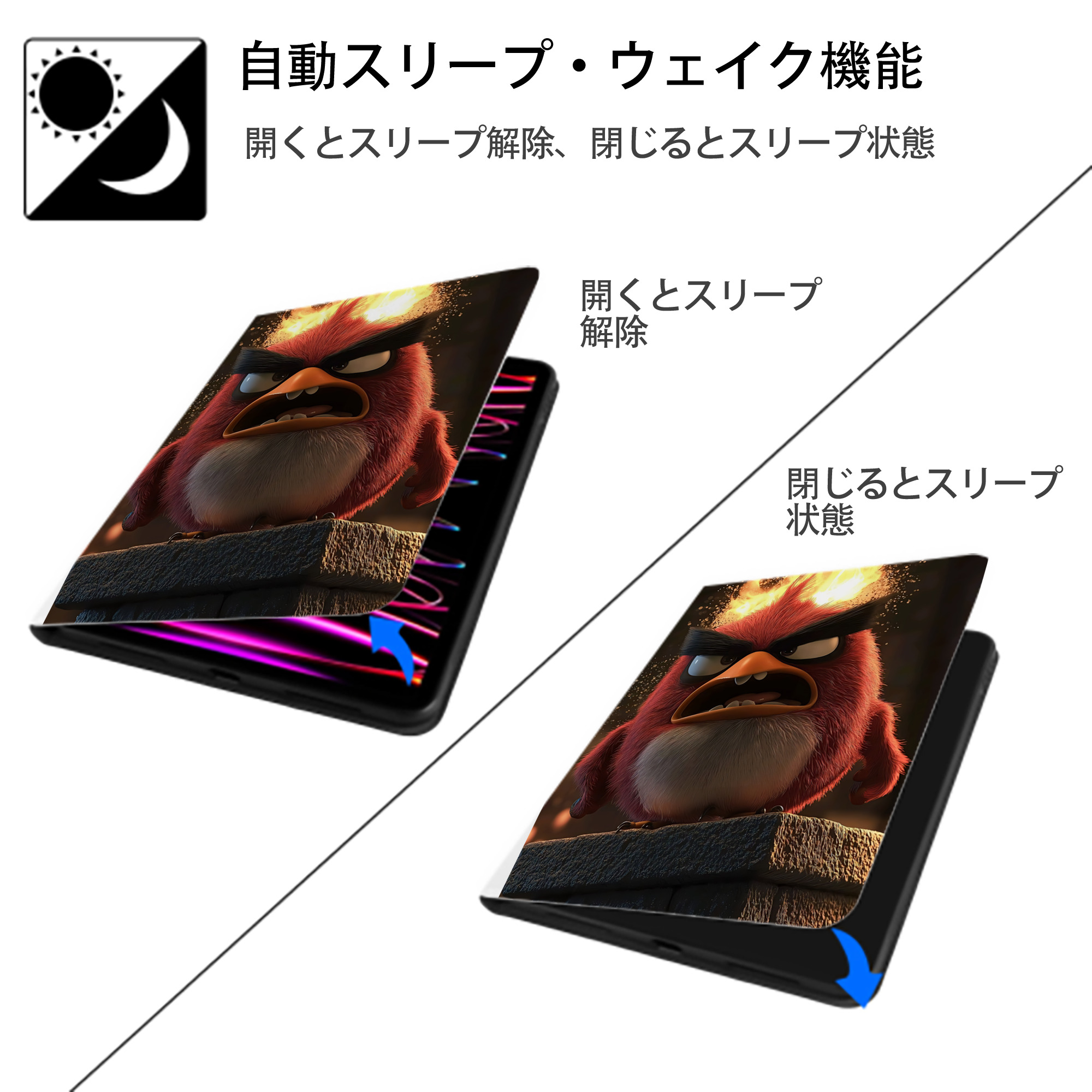 Angry Birds アングリーバード IPad ケース ペン収納付き 三つ折りスタンド PUレザー×シリコン 対応機種9.5/10.5/10.9インチ