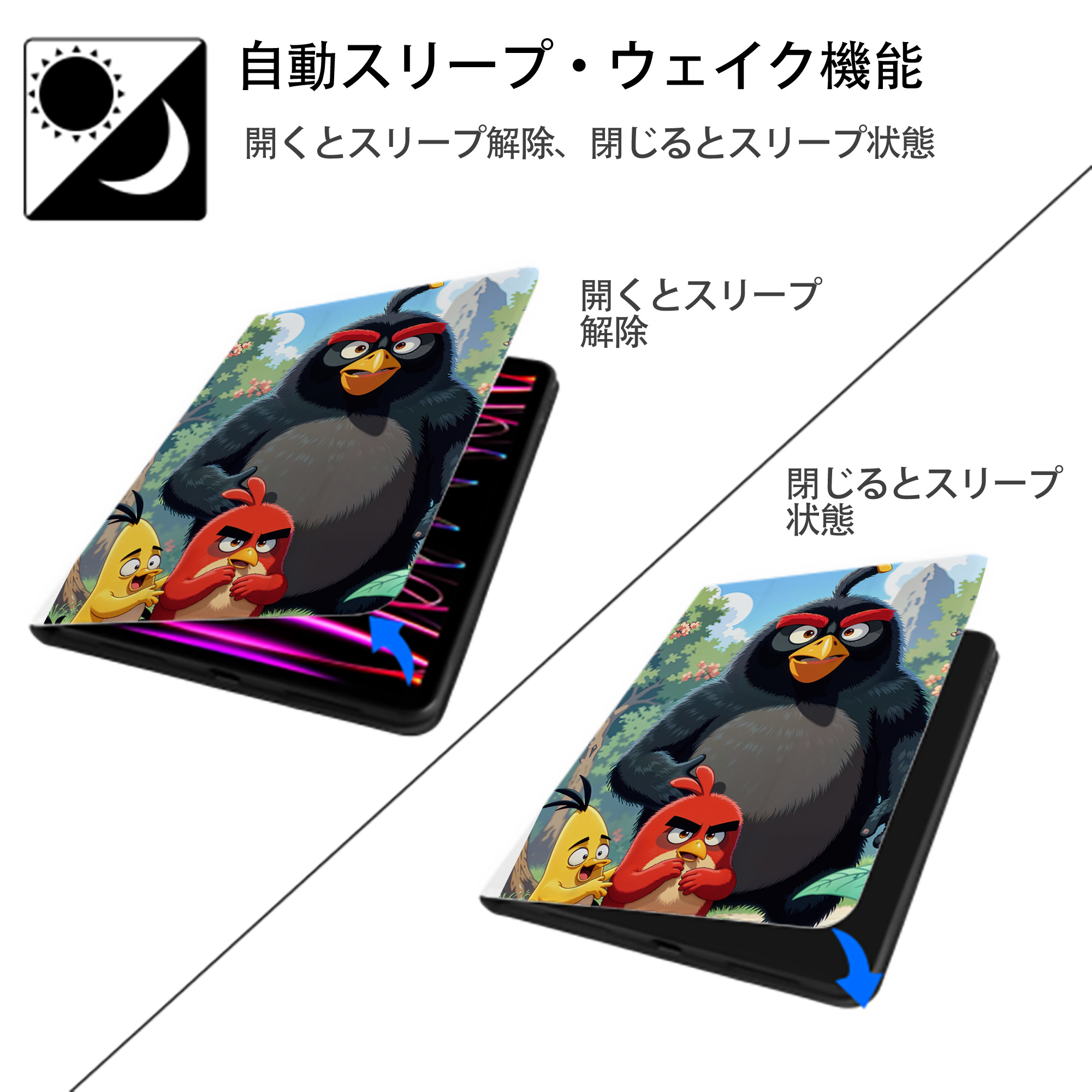 Angry Birds アングリーバード IPad ケース ペン収納付き 三つ折りスタンド PUレザー×シリコン 対応機種9.5/10.5/10.9インチ