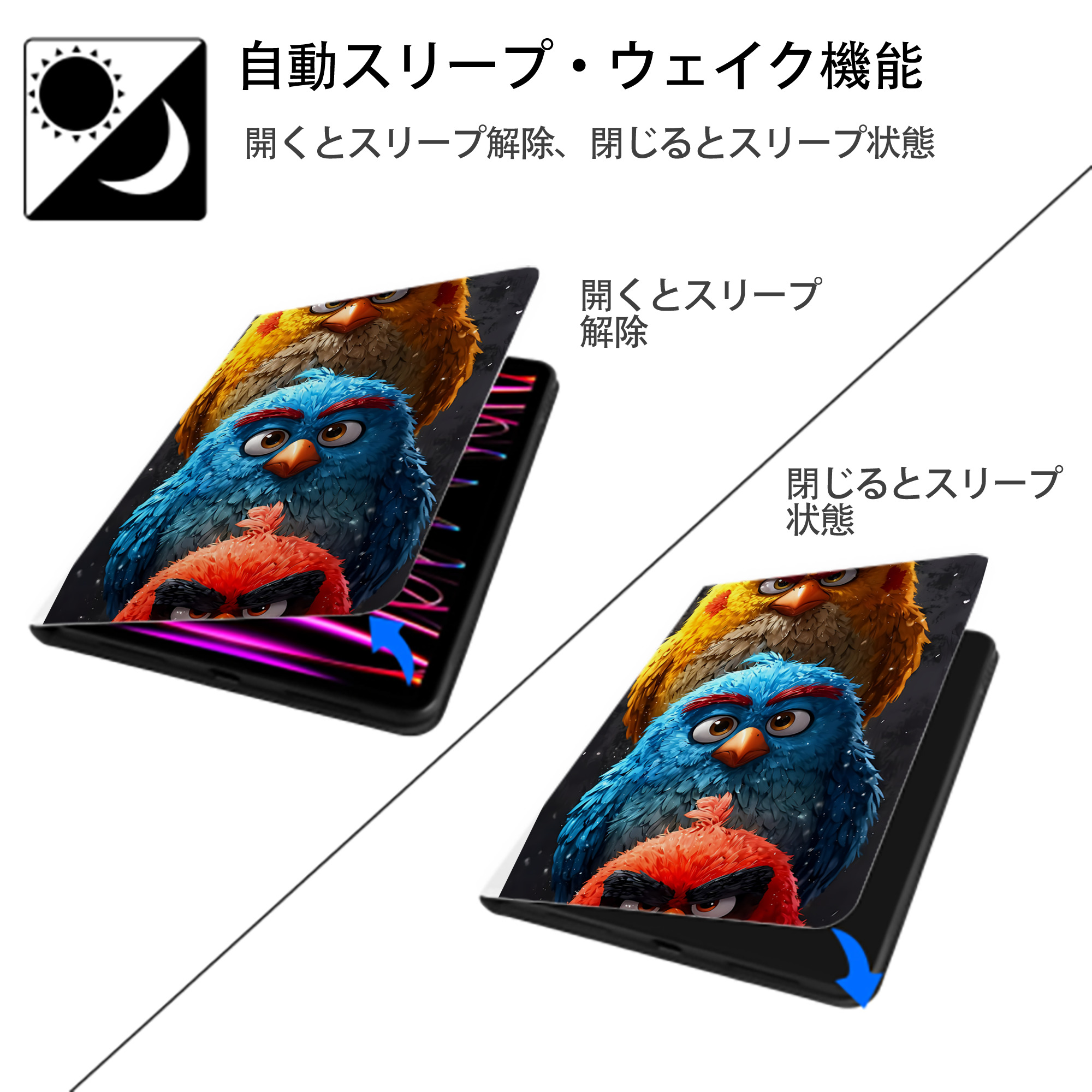 Angry Birds アングリーバード IPad ケース ペン収納付き 三つ折りスタンド PUレザー×シリコン 対応機種9.5/10.5/10.9インチ