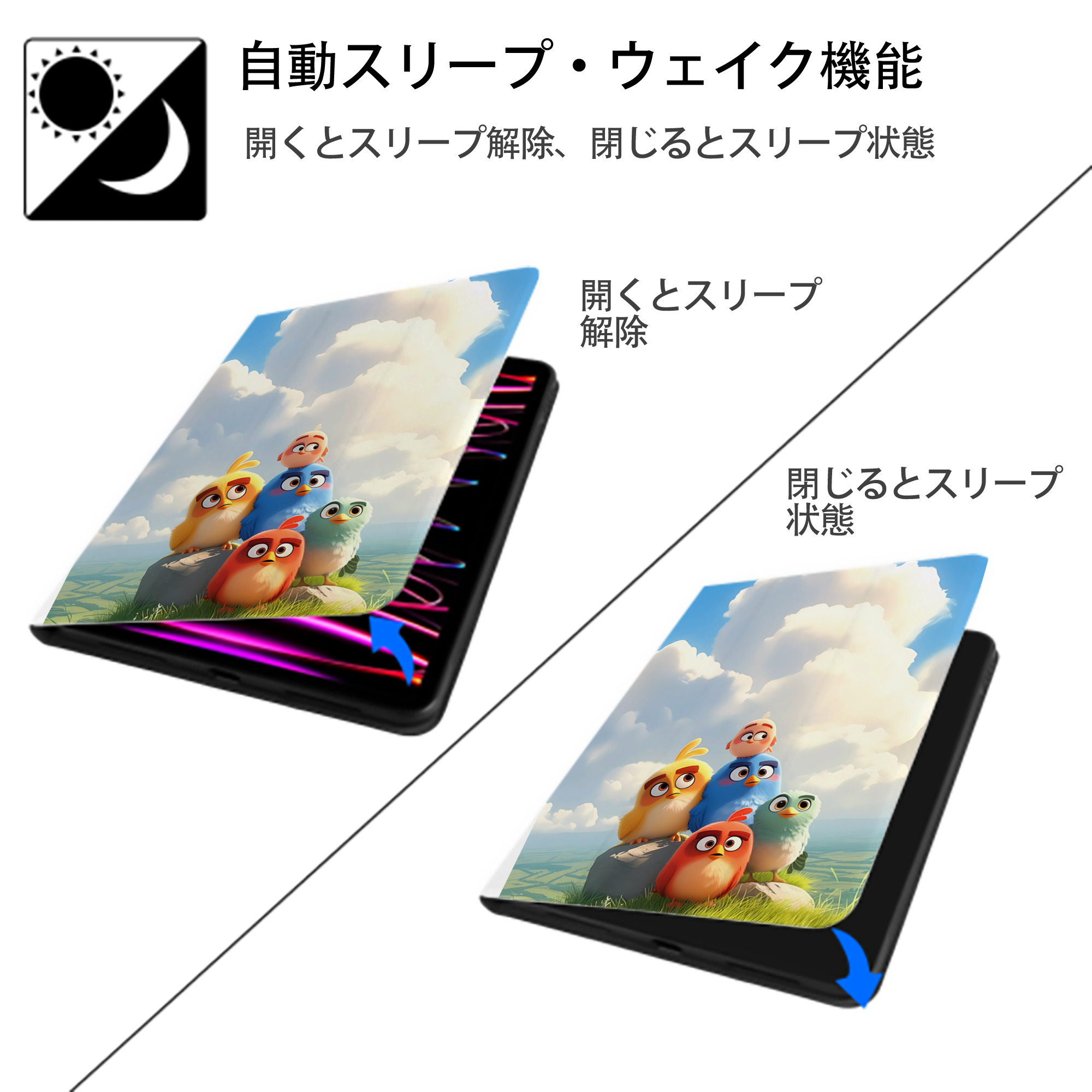 Angry Birds アングリーバード IPad ケース ペン収納付き 三つ折りスタンド PUレザー×シリコン 対応機種9.5/10.5/10.9インチ