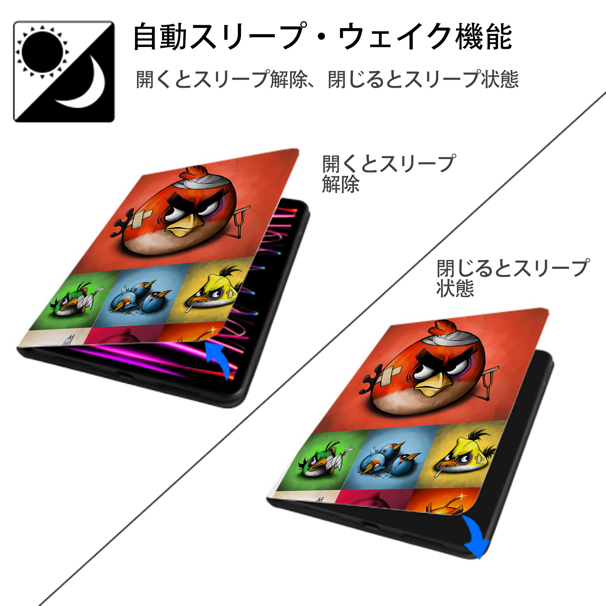 Angry Birds アングリーバード IPad ケース ペン収納付き 三つ折りスタンド PUレザー×シリコン 対応機種9.5/10.5/10.9インチ