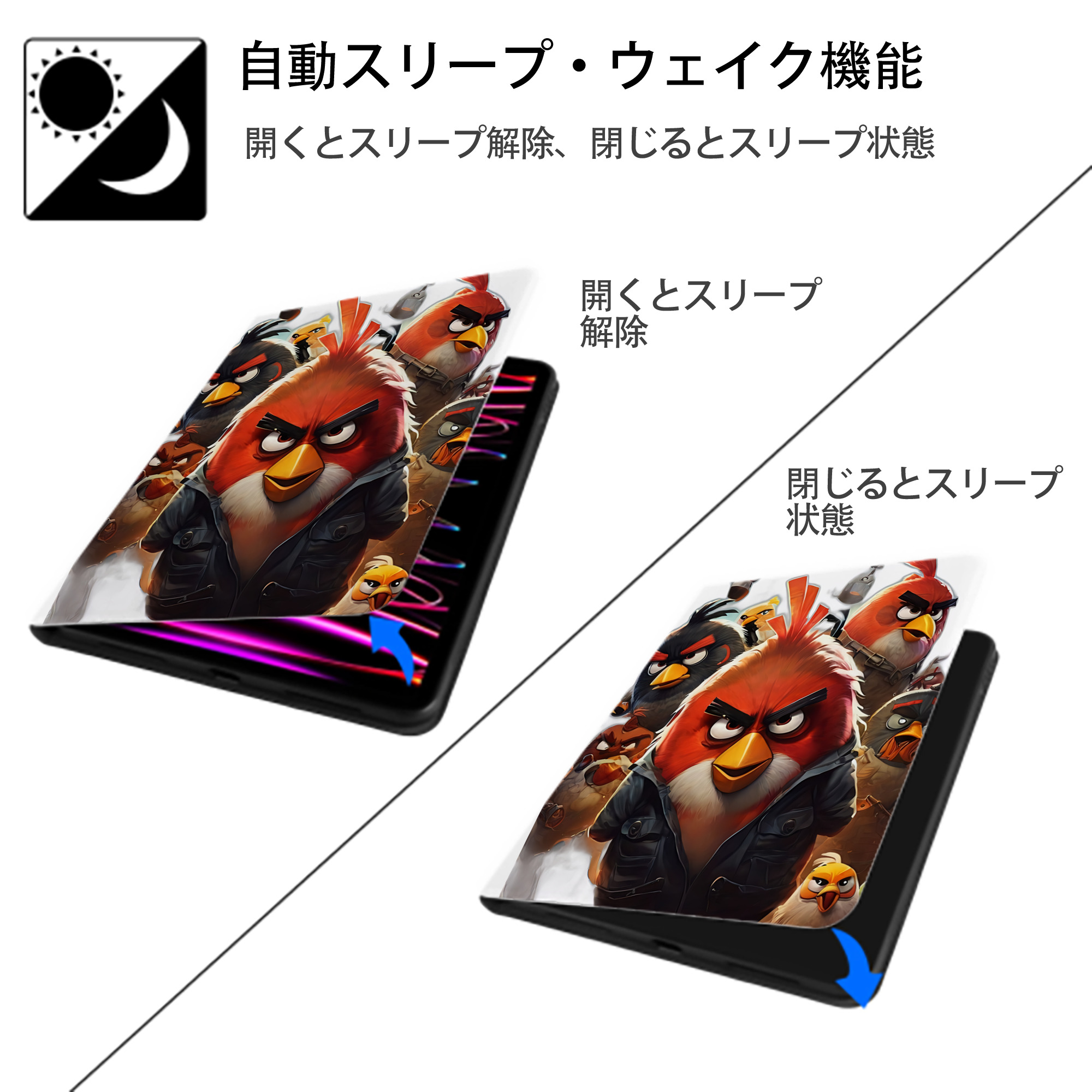 Angry Birds アングリーバード IPad ケース ペン収納付き 三つ折りスタンド PUレザー×シリコン 対応機種9.5/10.5/10.9インチ