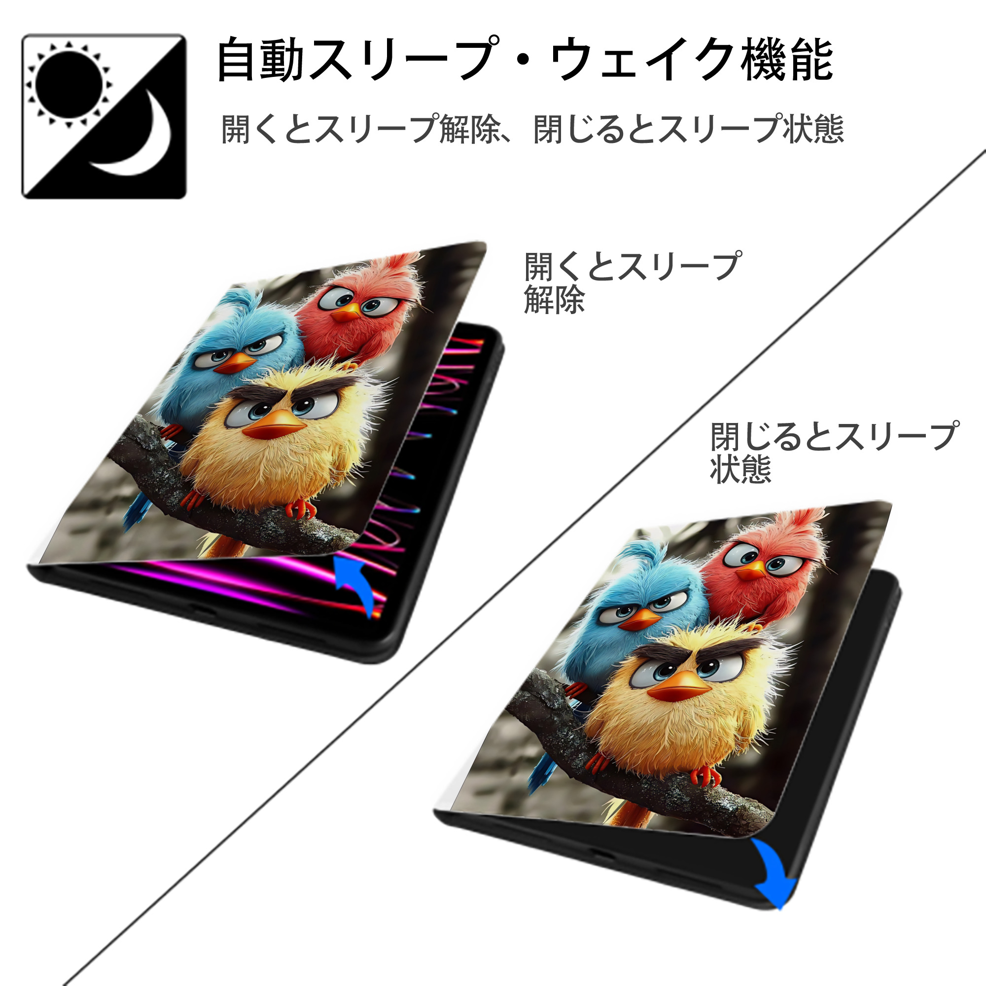 Angry Birds アングリーバード IPad ケース ペン収納付き 三つ折りスタンド PUレザー×シリコン 対応機種9.5/10.5/10.9インチ