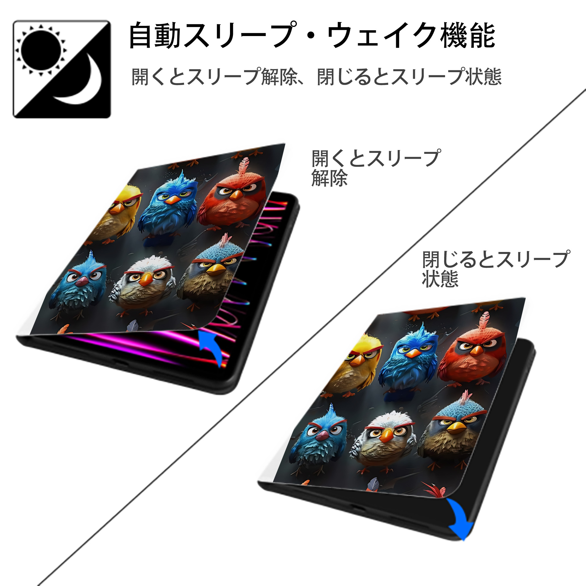 Angry Birds アングリーバード IPad ケース ペン収納付き 三つ折りスタンド PUレザー×シリコン 対応機種9.5/10.5/10.9インチ