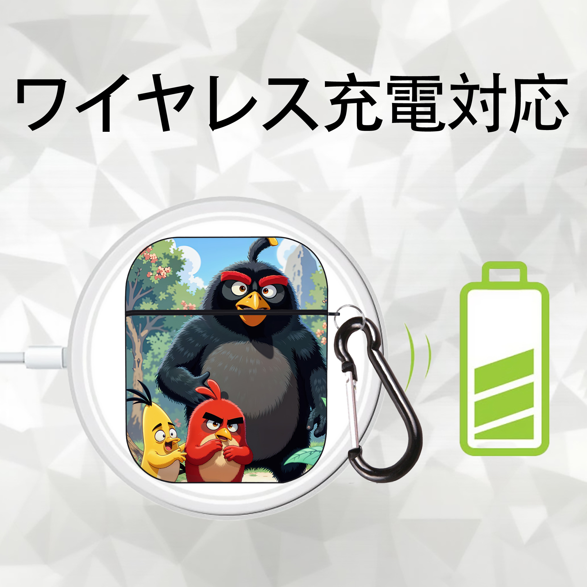 Angry Birds アングリーバード AirPods 第2世代保護ケース ハードシェル ブラック 耐衝撃・防指紋・カラビナ付き