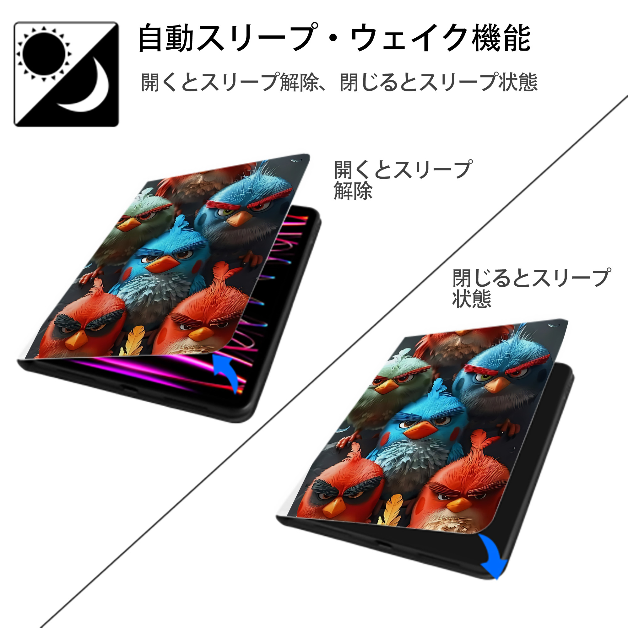 Angry Birds アングリーバード IPad ケース ペン収納付き 三つ折りスタンド PUレザー×シリコン 対応機種9.5/10.5/10.9インチ