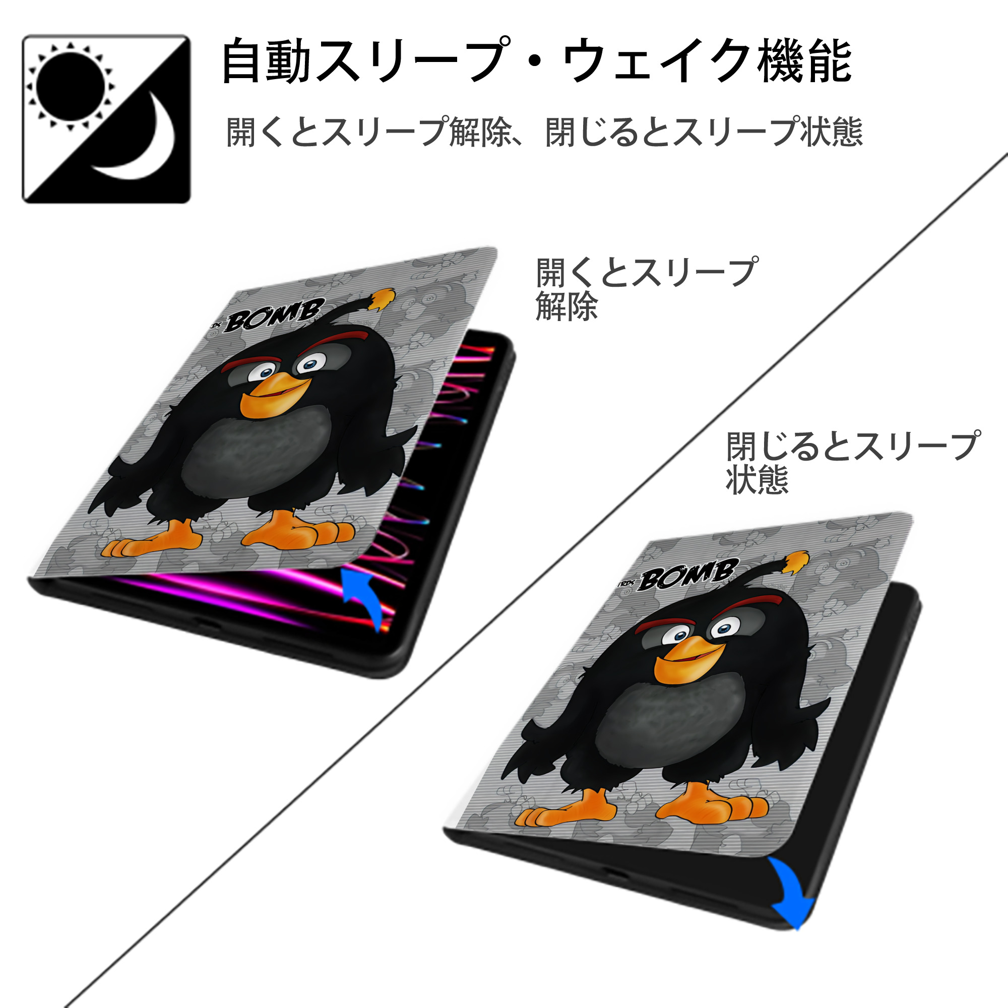 Angry Birds アングリーバード IPad ケース ペン収納付き 三つ折りスタンド PUレザー×シリコン 対応機種9.5/10.5/10.9インチ
