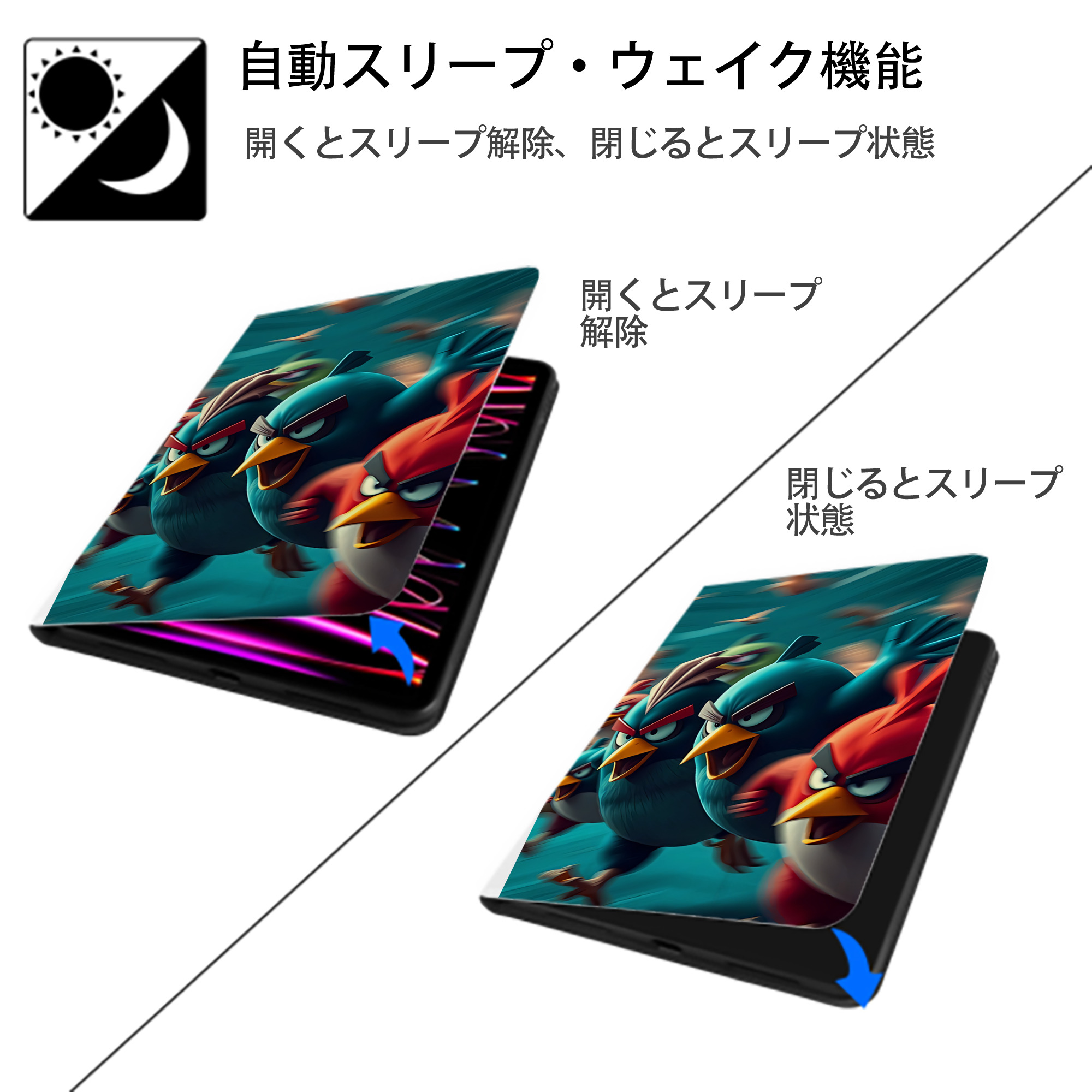 Angry Birds アングリーバード IPad ケース ペン収納付き 三つ折りスタンド PUレザー×シリコン 対応機種9.5/10.5/10.9インチ