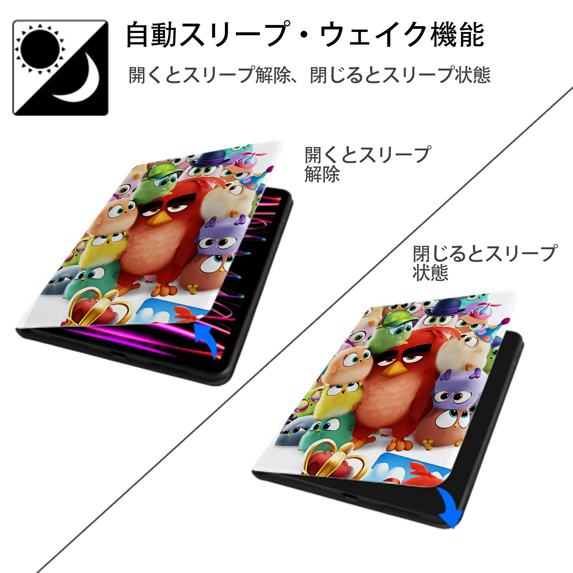 Angry Birds アングリーバード IPad ケース ペン収納付き 三つ折りスタンド PUレザー×シリコン 対応機種9.5/10.5/10.9インチ