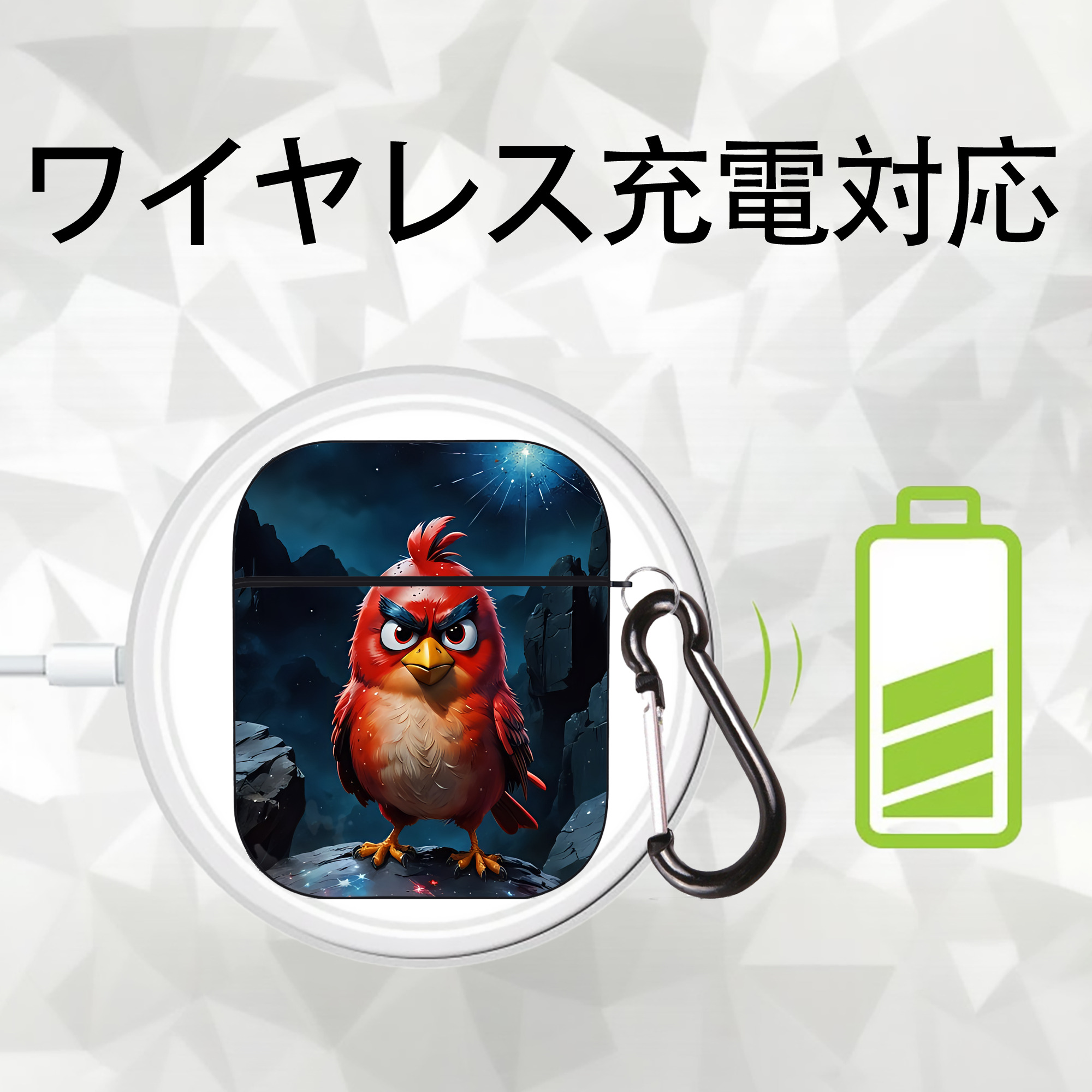 Angry Birds アングリーバード AirPods 第2世代保護ケース ハードシェル ブラック 耐衝撃・防指紋・カラビナ付き